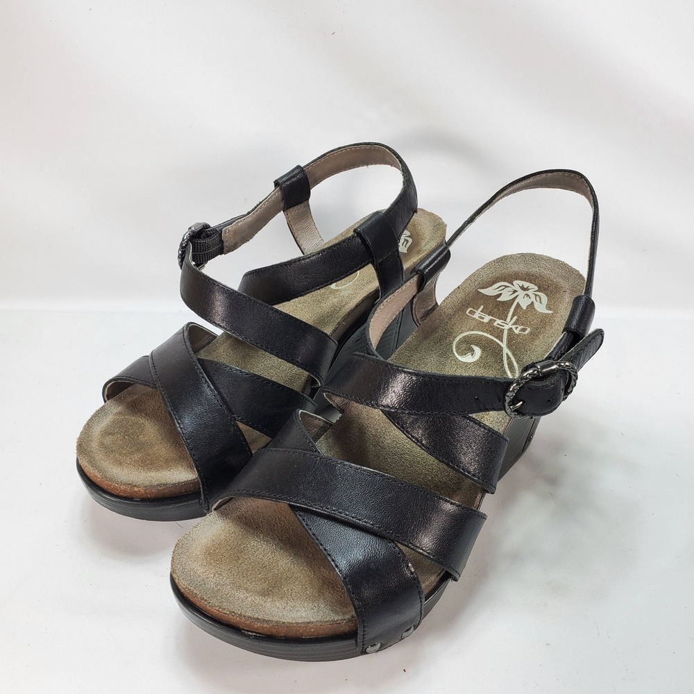 Dansko‎ Wedge Sandals Women 36 Black Leather Strappy Studded Comfort 1907020200